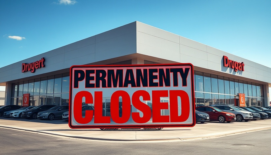 Car dealership labeled permanently closed under bright blue sky.