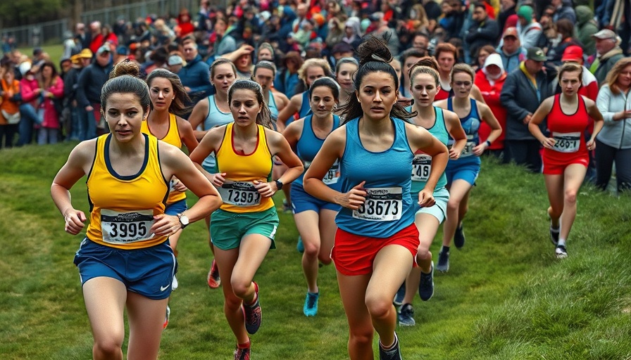 Intense female athletes racing in NCAA Women's Cross Country 2025.