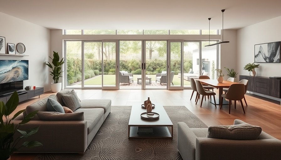 Modern open plan layout living room with garden view.