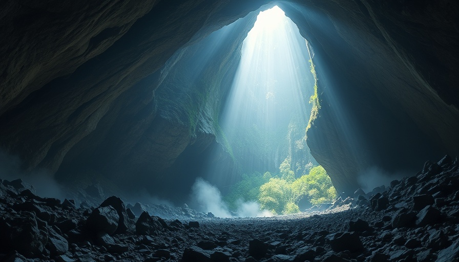 Cave with mist and natural skylight creating its own weather.
