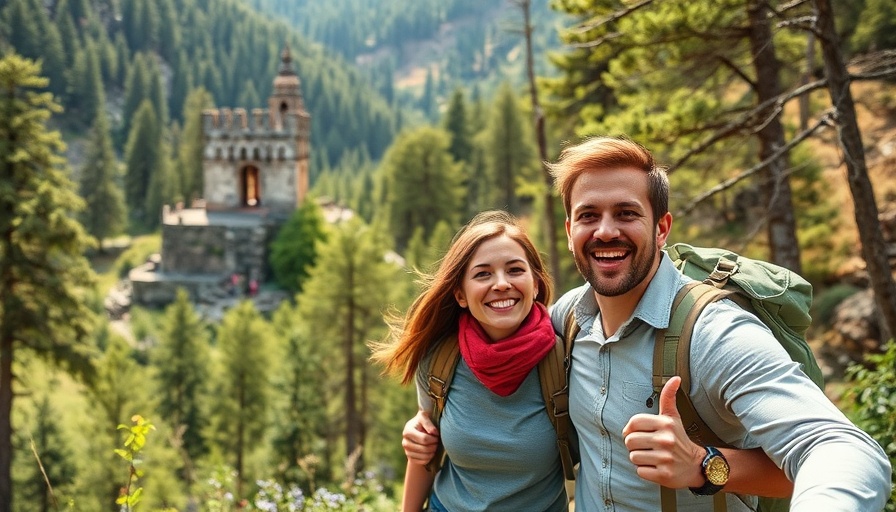 Couple hiking near historic tower, Hungarian citizenship by descent.