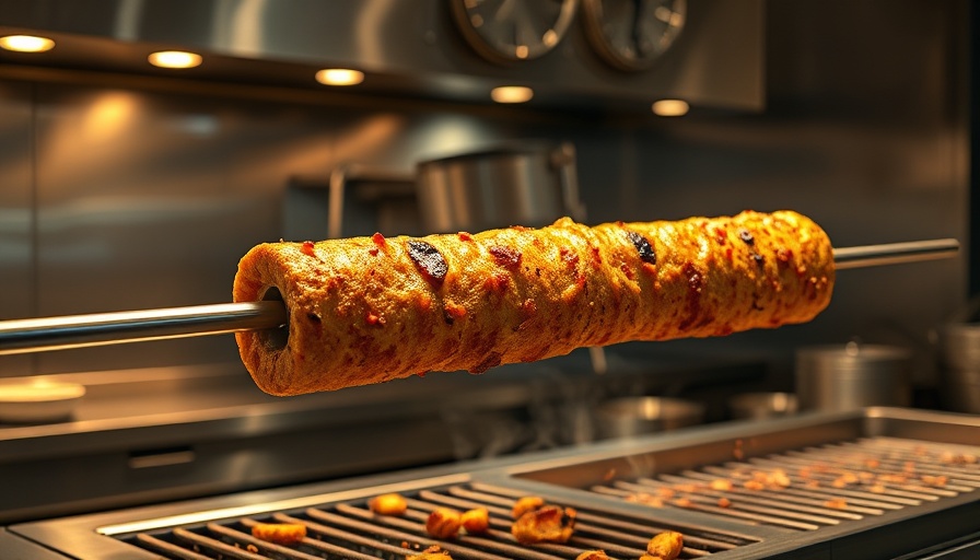 Best shawarma in Qatar, rotating on skewer, warm kitchen setting.