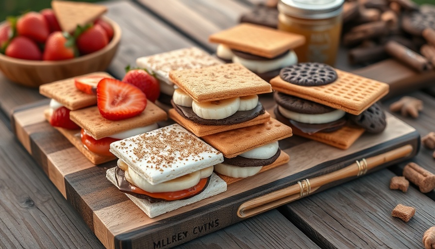 Savory s'mores recipes with fruit and sweet toppings displayed on a board.