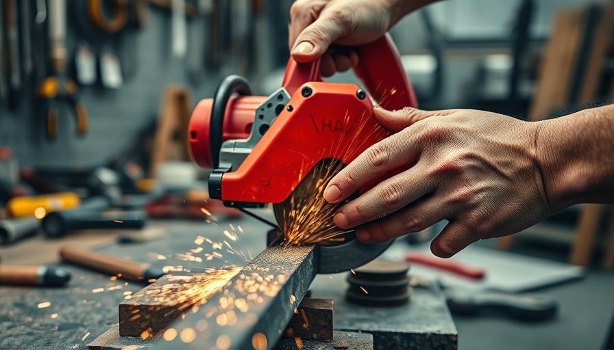 Close-up of red circular saw cutting metal I-beam, workshop scene.