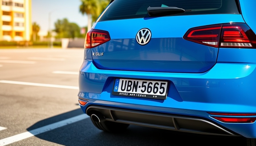 Blue Volkswagen e-Golf with personalized license plate in sunlight.