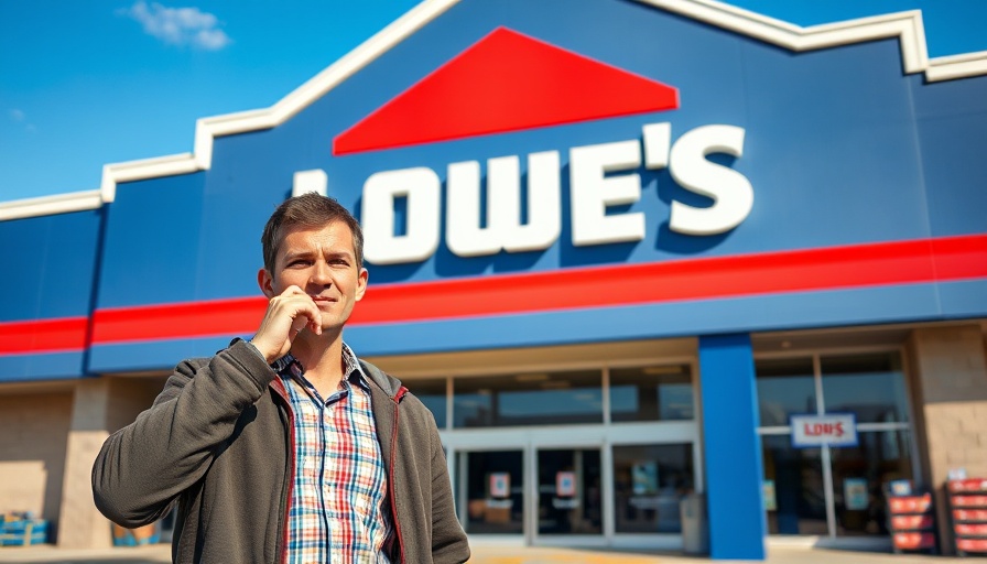 Lowe's store with a thoughtful man and major announcement sign.