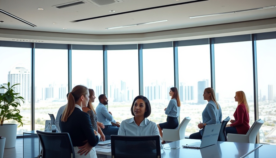 Professional team in a Doha office with city skyline, qatar jobs today.