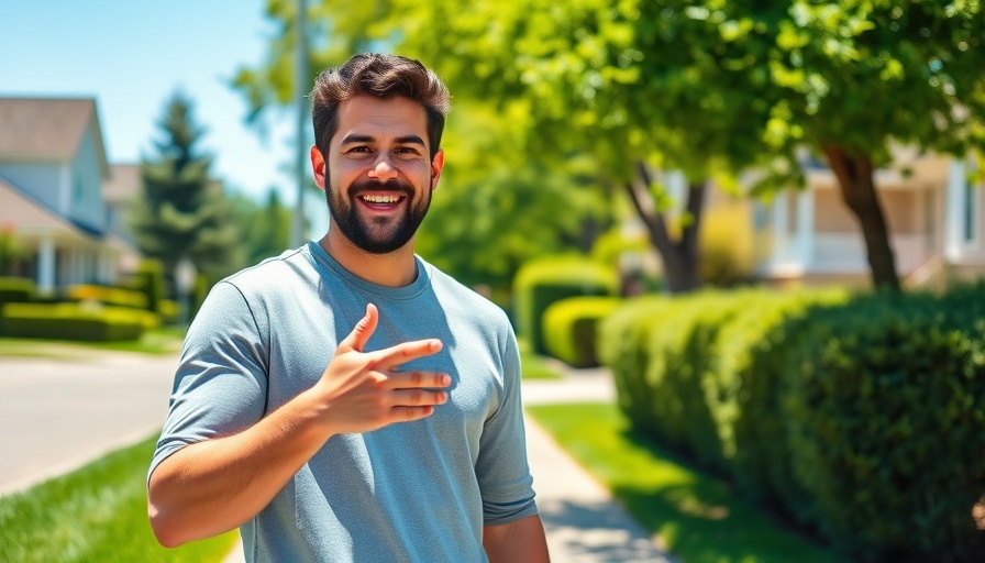 Cheerful man in a suburban setting with lush green grass.