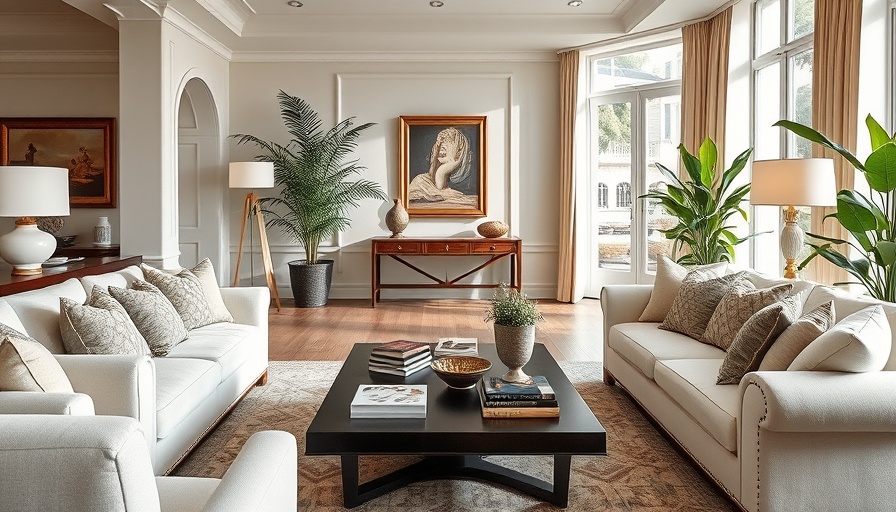 Luxury living room in North Carolina with white sofas and wood table.