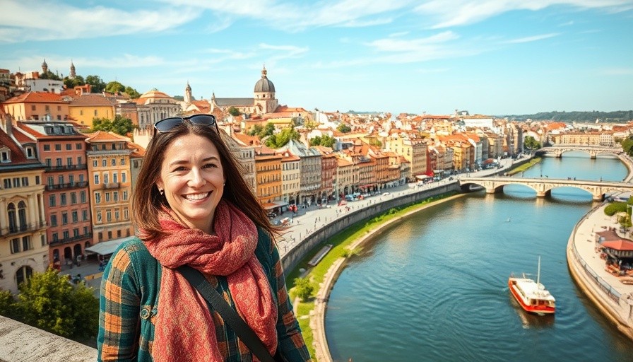 Portugal for Americans: vibrant cityscape with smiling woman by river.