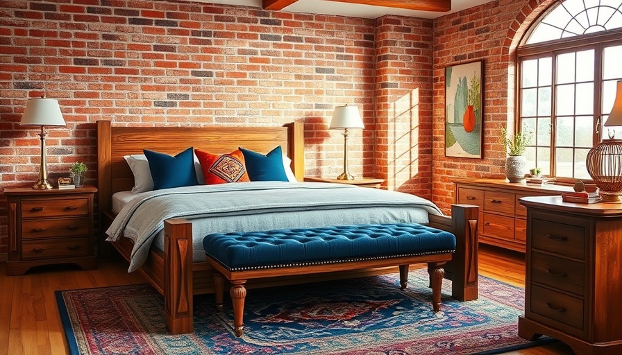 Luxurious bedroom with jewel tones and rustic decor.
