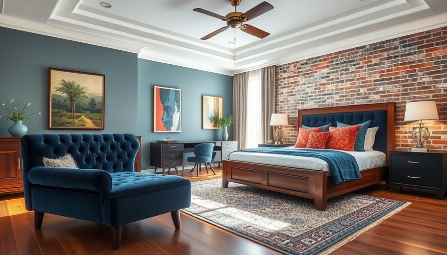 Jewel tone bedroom makeover with a brick wall and navy bench.