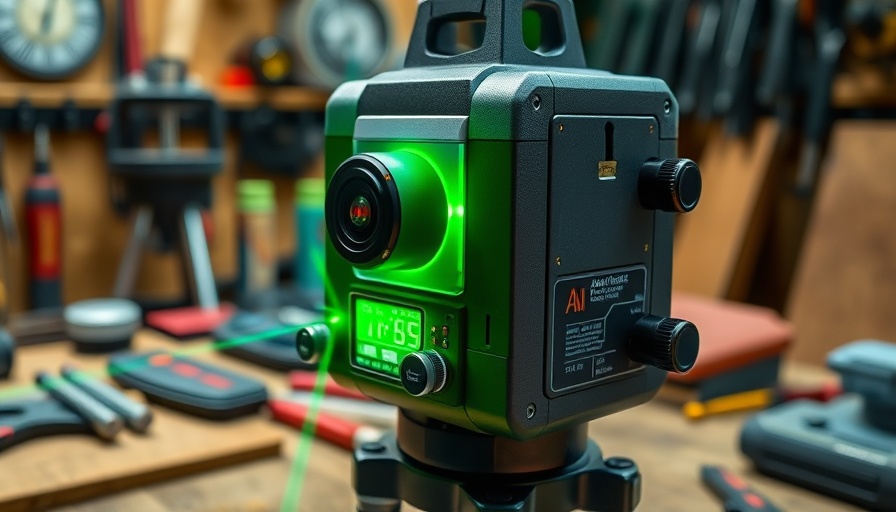 Modern laser level, vibrant green light in a workshop.