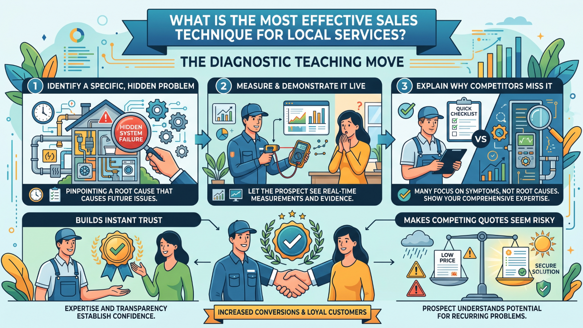 What is the most effective sales technique for local services? The most effective sales technique for local services is the diagnostic teaching move. You identify a specific, hidden problem that causes system failure. You measure it in front of the prospect. You explain why competitors miss it. This builds instant trust and makes competing quotes seem risky.