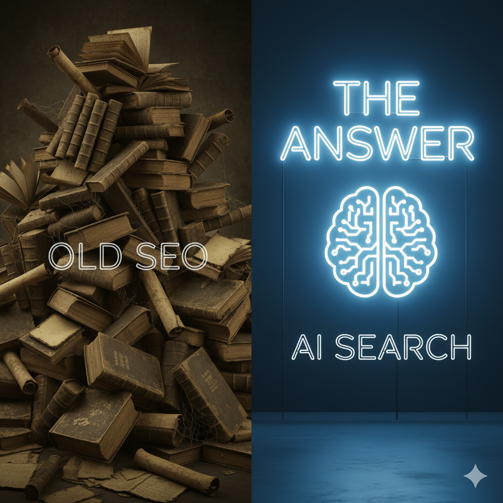 A split image where one side shows a huge, messy pile of old books (representing Old SEO) and the other side shows a single, bright, glowing sign that says "The Answer" with a digital brain icon (representing AI Search).