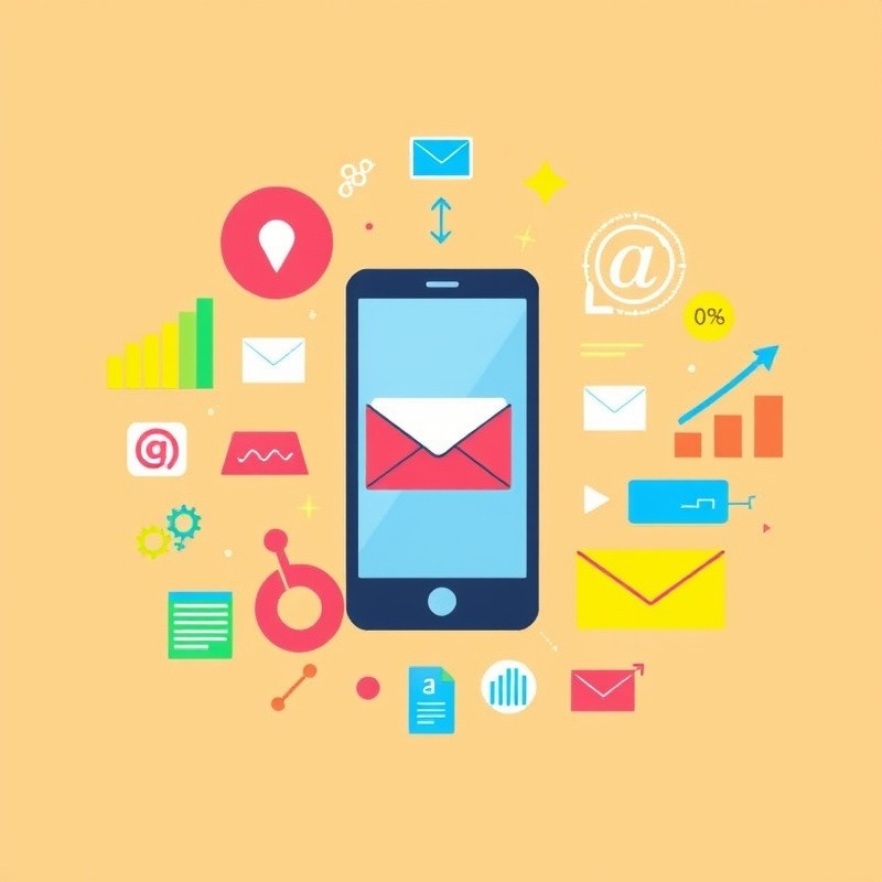 A vibrant, stylized illustration of a smartphone with an envelope icon, surrounded by colorful charts, graphs, and icons representing email marketing metrics and strategies.