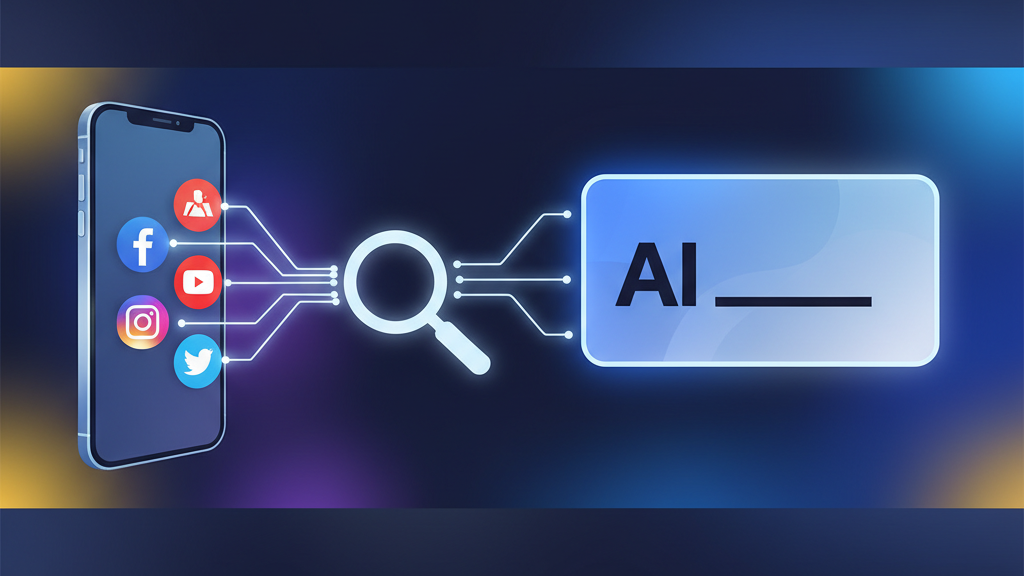 A vibrant, connected graphic showing a chain reaction: a smartphone with social media logos connected by lines to a magnifying glass icon, and then to a stylized "AI Overview" box on a search page.