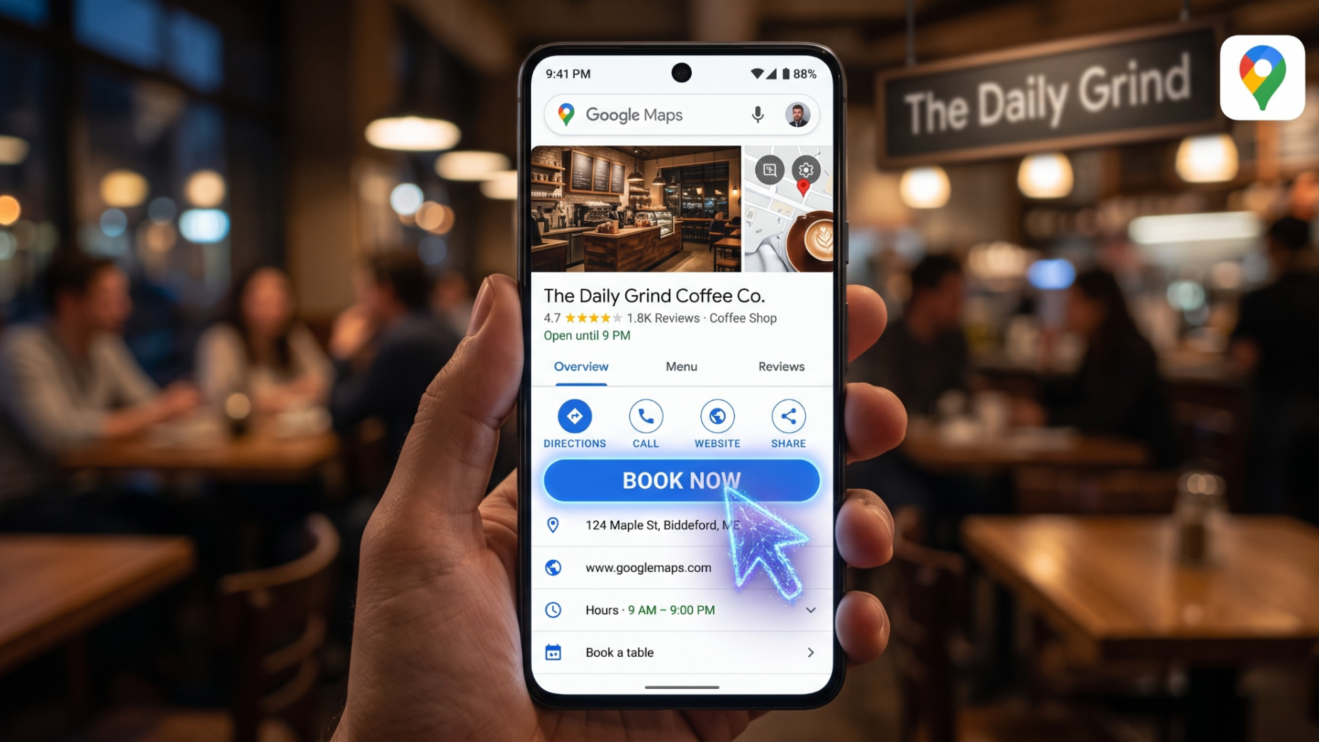 Smartphone displaying a Google Business Profile with an AI cursor pointing at the Book Now action link