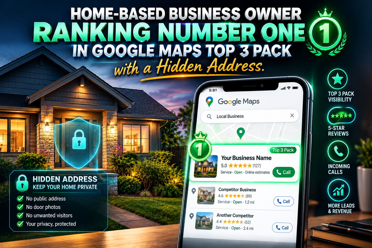 Home-based business owner ranking number one in Google Maps top 3 pack with a hidden address.
