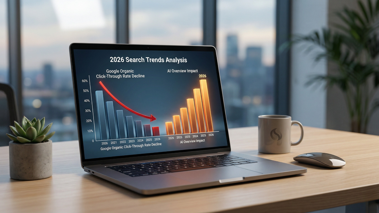 Dashboard showing 2026 Google organic click-through rate decline and AI Overview impact statistics.
