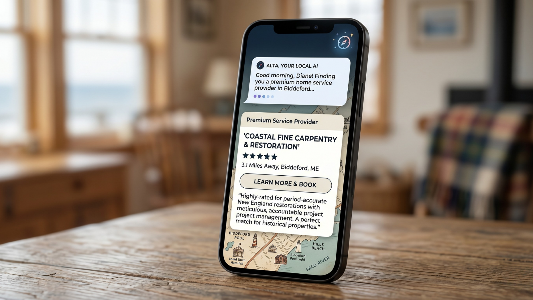 Smartphone interface showing a local business recommendation generated by an AI assistant.