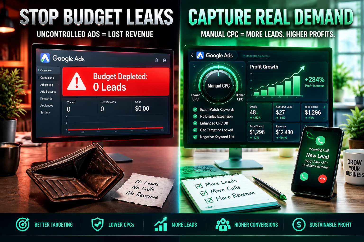 Small business owner comparing Google Ads Smart Bidding budget drain with profitable Manual CPC controls.