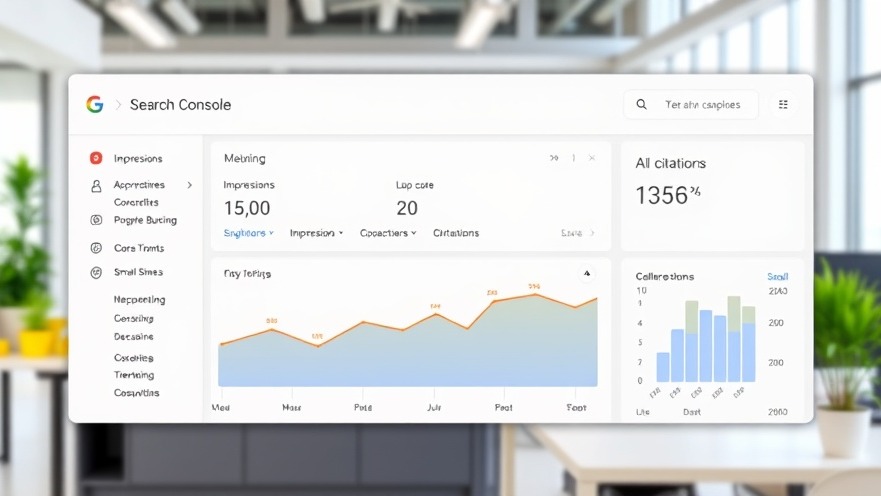 Vibrant digital dashboard showcasing Google Search Console metrics with a smiling small business owner.