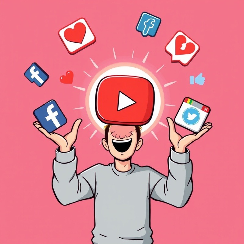 A cartoonish illustration of a content creator juggling social media icons, with Facebook and Instagram icons slipping through their fingers while firmly grasping a large, shining YouTube icon, surrounded by viewer engagement symbols like hearts, comments, and share buttons.