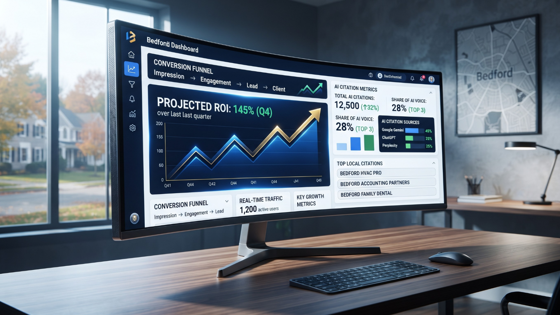 Digital marketing dashboard displaying rising AI search citation metrics and ROI graphs.