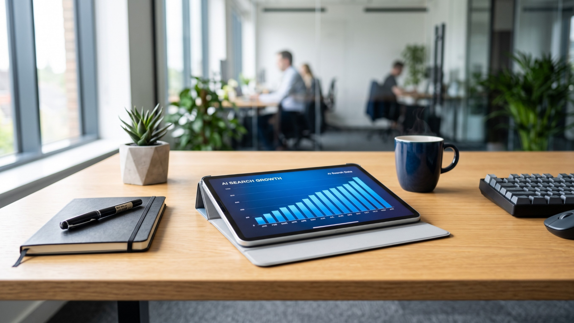A tablet showing rising AI search data and return on investment charts.