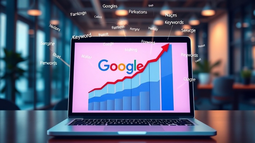 Vibrant illustration of a laptop showing a rising Google search ranking graph.