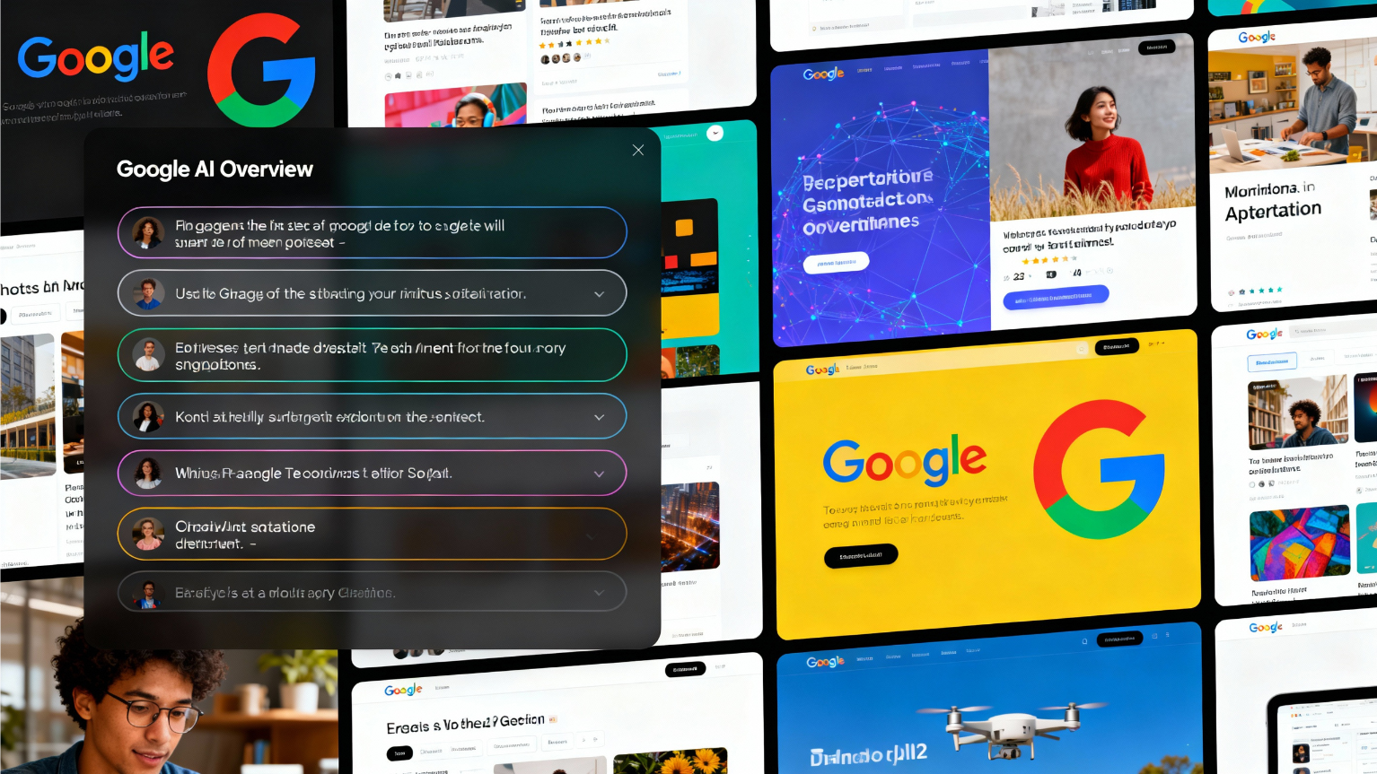 Google AI overview panel showing user-generated content snippets, vibrant website screenshots, clear branding. 