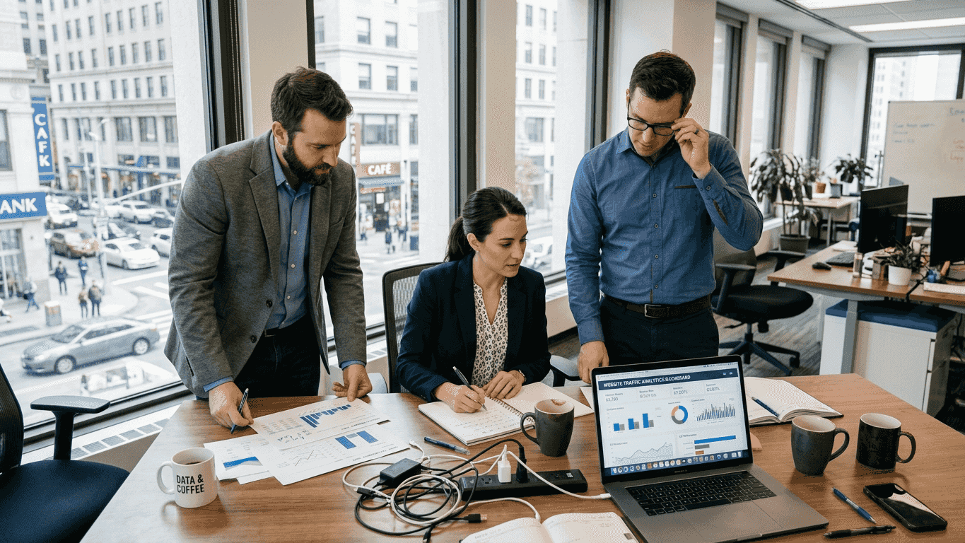 team in office analyzing analytic printout