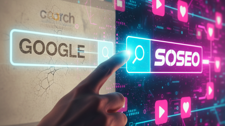 Stylized photograph of a hand interacting with a glowing search bar, deliberately transitioning the focus from a faded, old-fashioned Google search interface on the left to a vibrant, modern social media app interface (representing TikTok/Instagram) on the right. This visual highlights the critical marketing shift to Social Search Optimization (SOSEO) as the primary focus for product discovery in 2026. Image 3 Alt Text