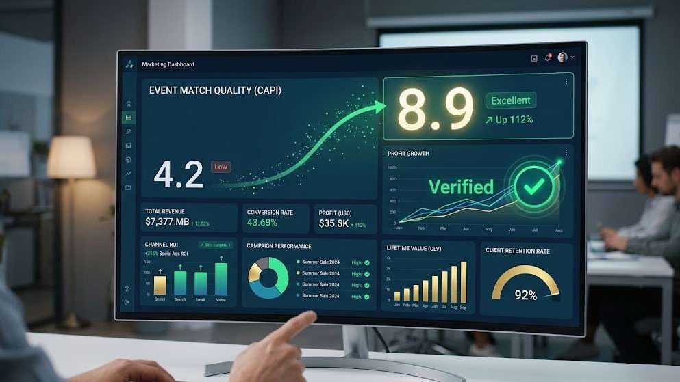 Analytics dashboard displaying improved Meta Event Match Quality and lower cost per conversion after installing server-side tracking.