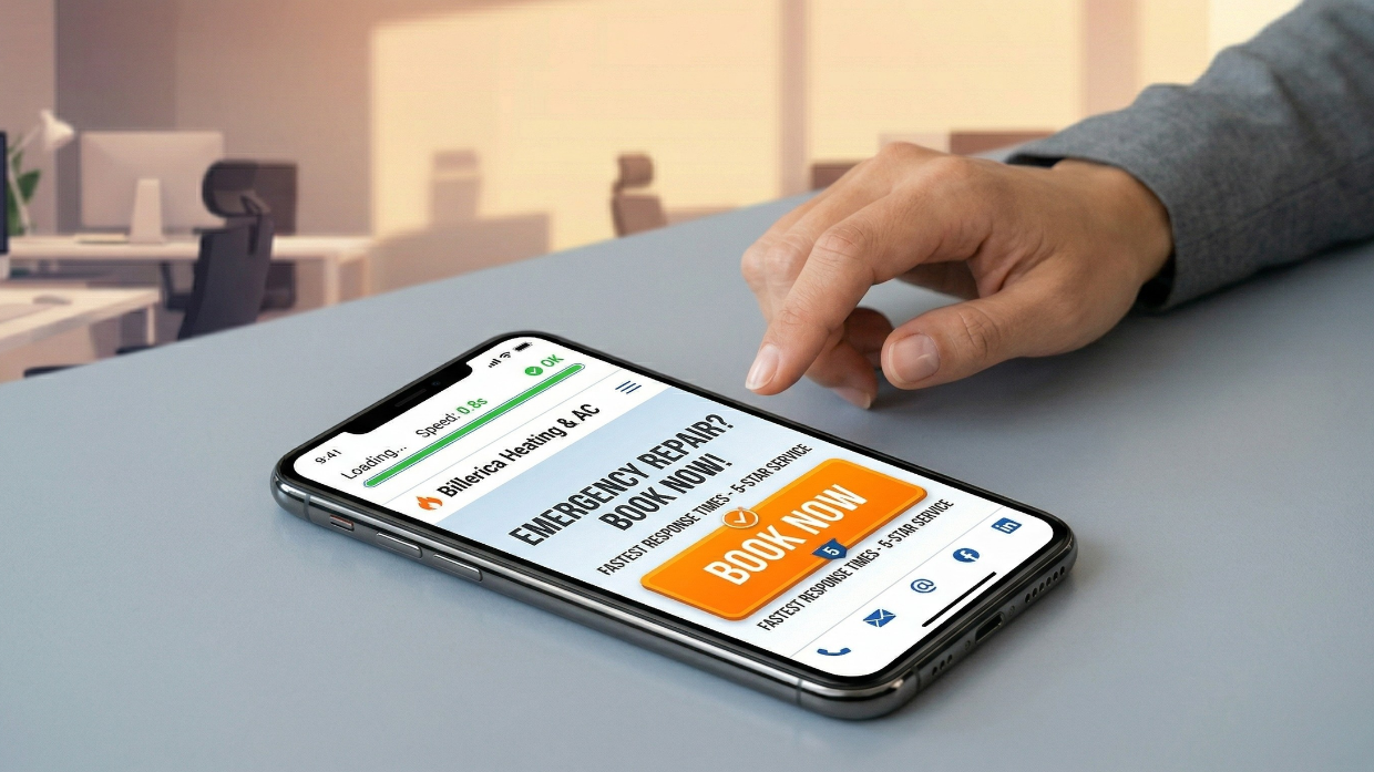 A mobile phone displaying a high-speed website with a clear 'Book Now' button to illustrate CRO best practices.