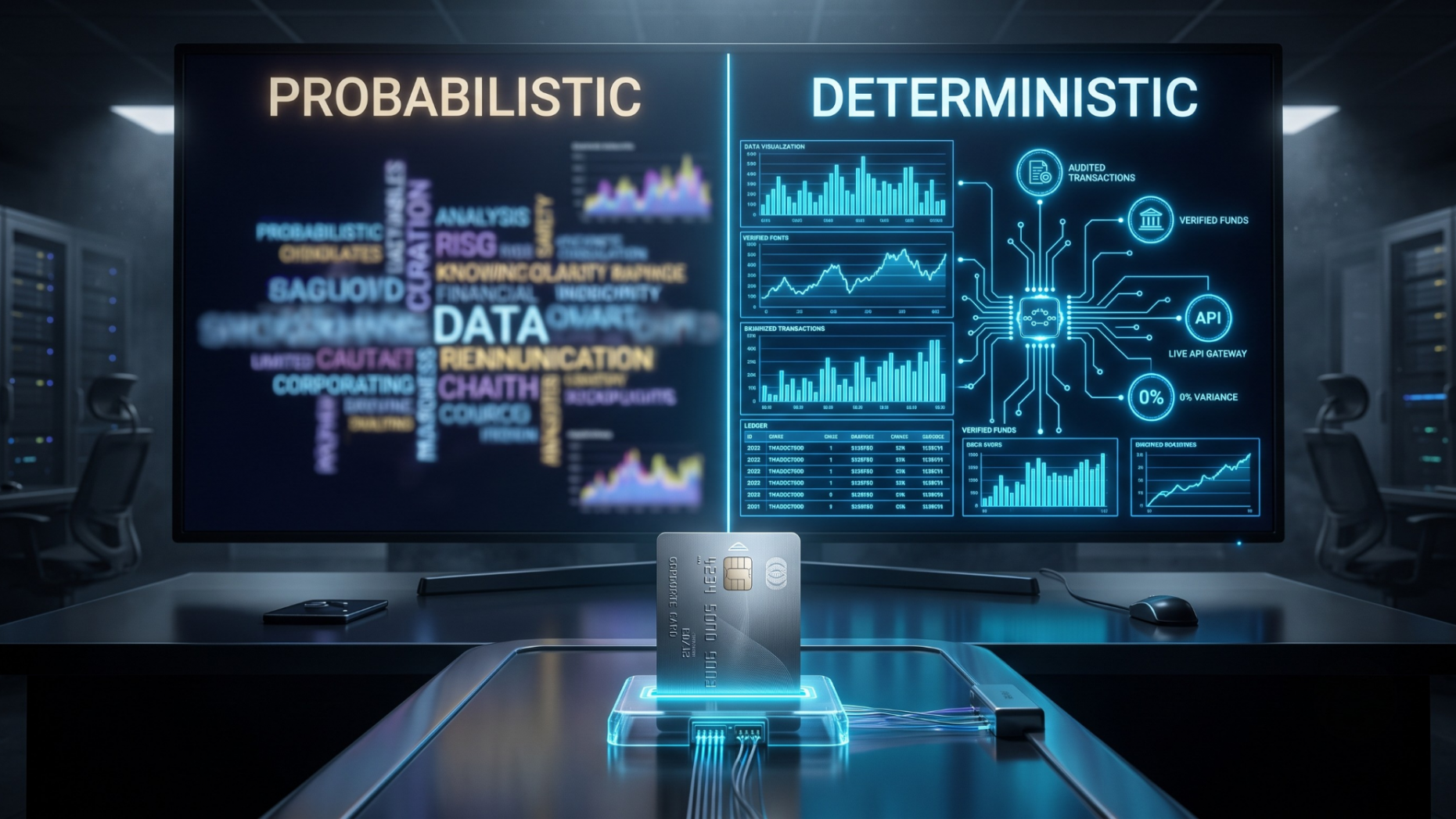 Split graphic demonstrating chaotic probabilistic text data versus highly structured, rule-based deterministic API nodes with a corporate transaction card in the foreground.