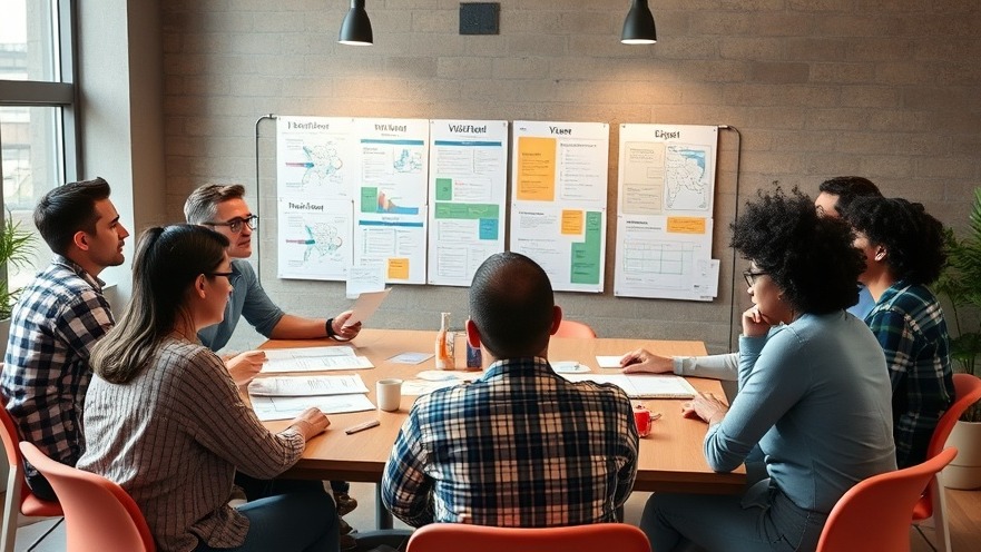 Diverse team brainstorming around a table with vision boards, showcasing collaboration.