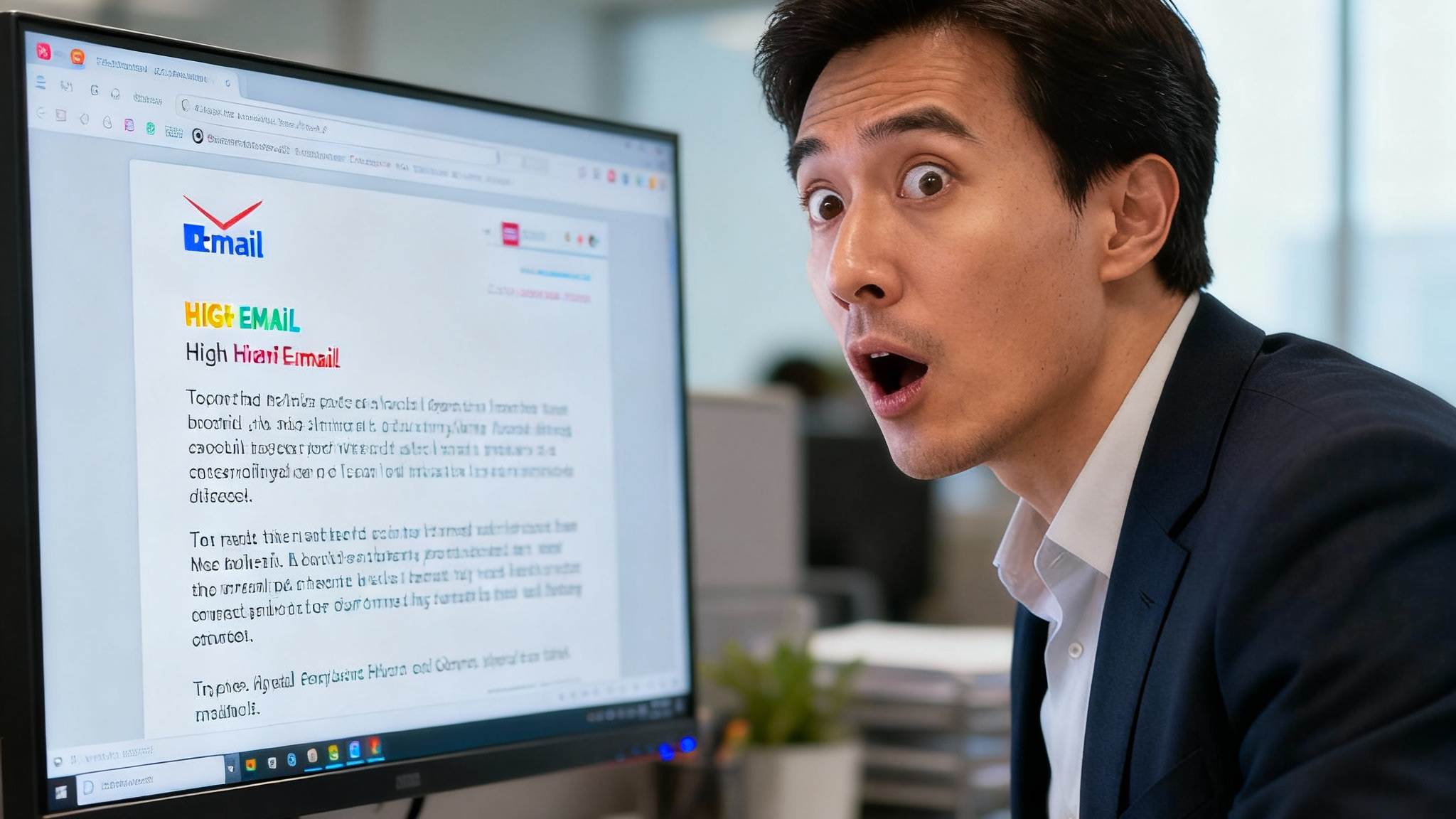 Curious business owner opening a high-click email, vivid expression, office setting, sharp text on monitor, no blurry elements, realistic lighting, no company logos