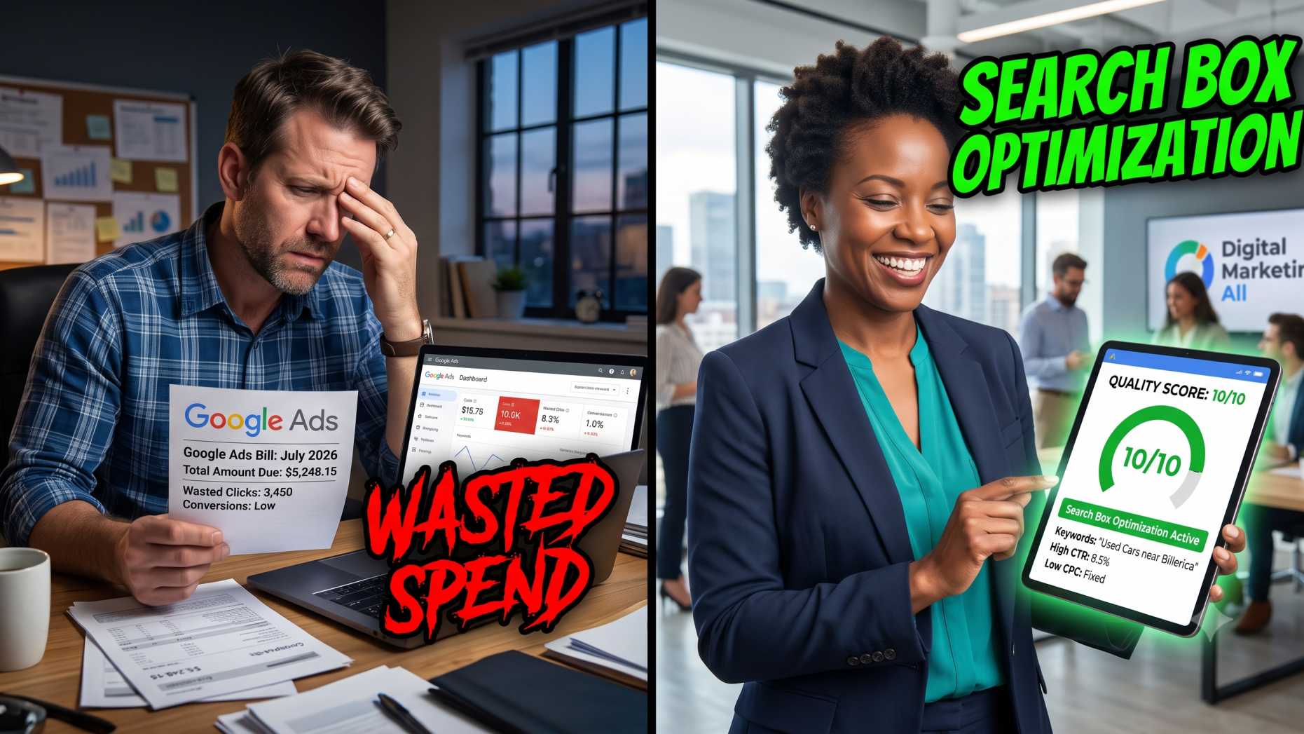 Comparison of wasted ad spend versus optimized search marketing