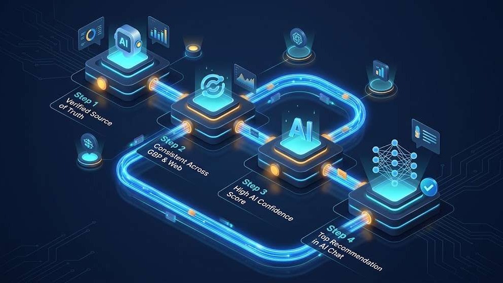 3D diagram illustrating how verified business data leads to top recommendations in AI chat engines.