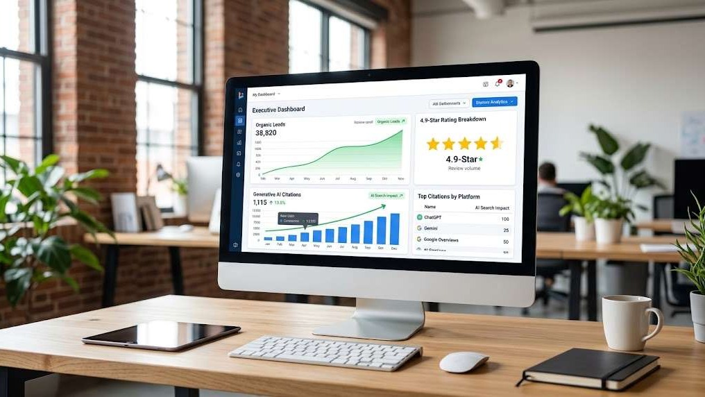 Marketing analytics dashboard displaying growth in AI search citations and verified agency review ratings.