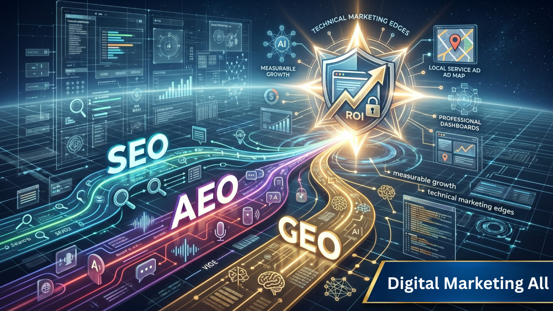 Technical illustration showing how domain authority powers traditional SEO, conversational AEO, and generative GEO search tracks.