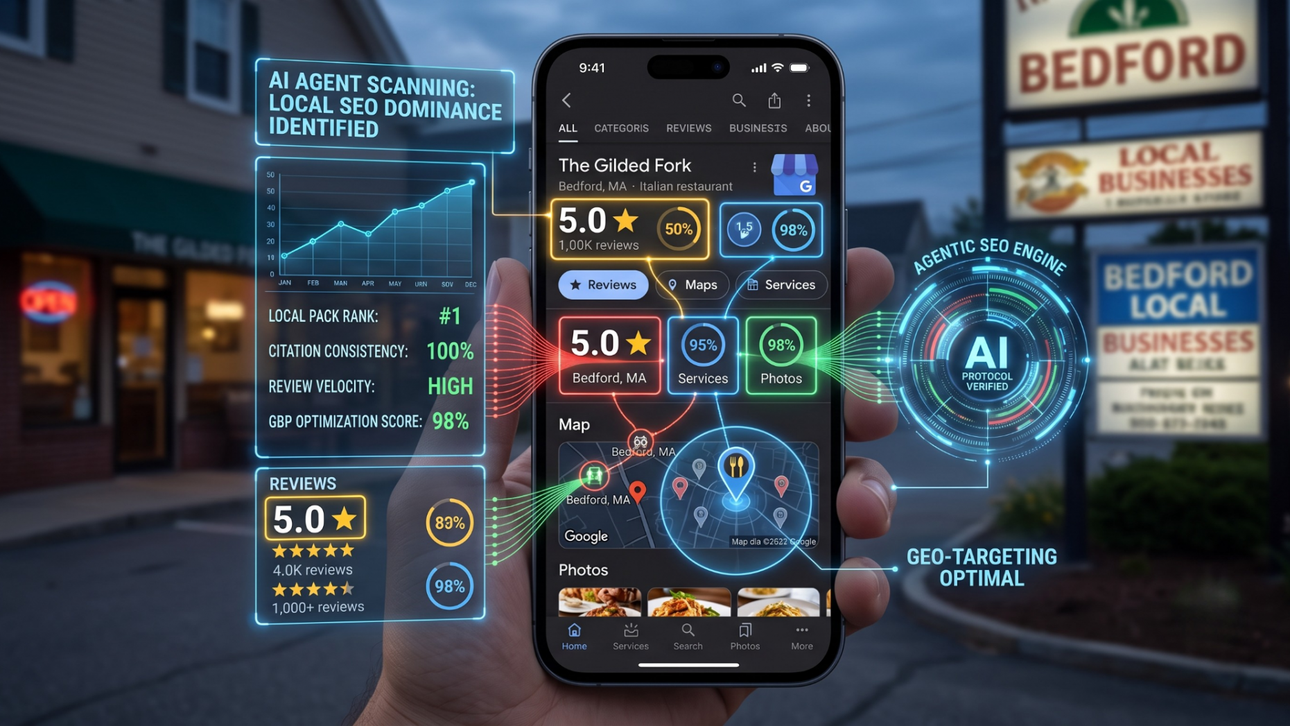Smartphone screen displaying an AI agent scanning a local business profile for booking.