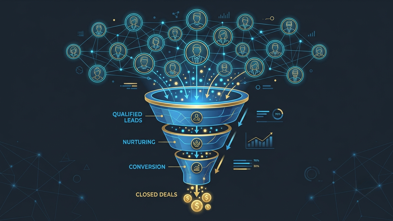 Diagram showing social selling connections turning into qualified business leads.