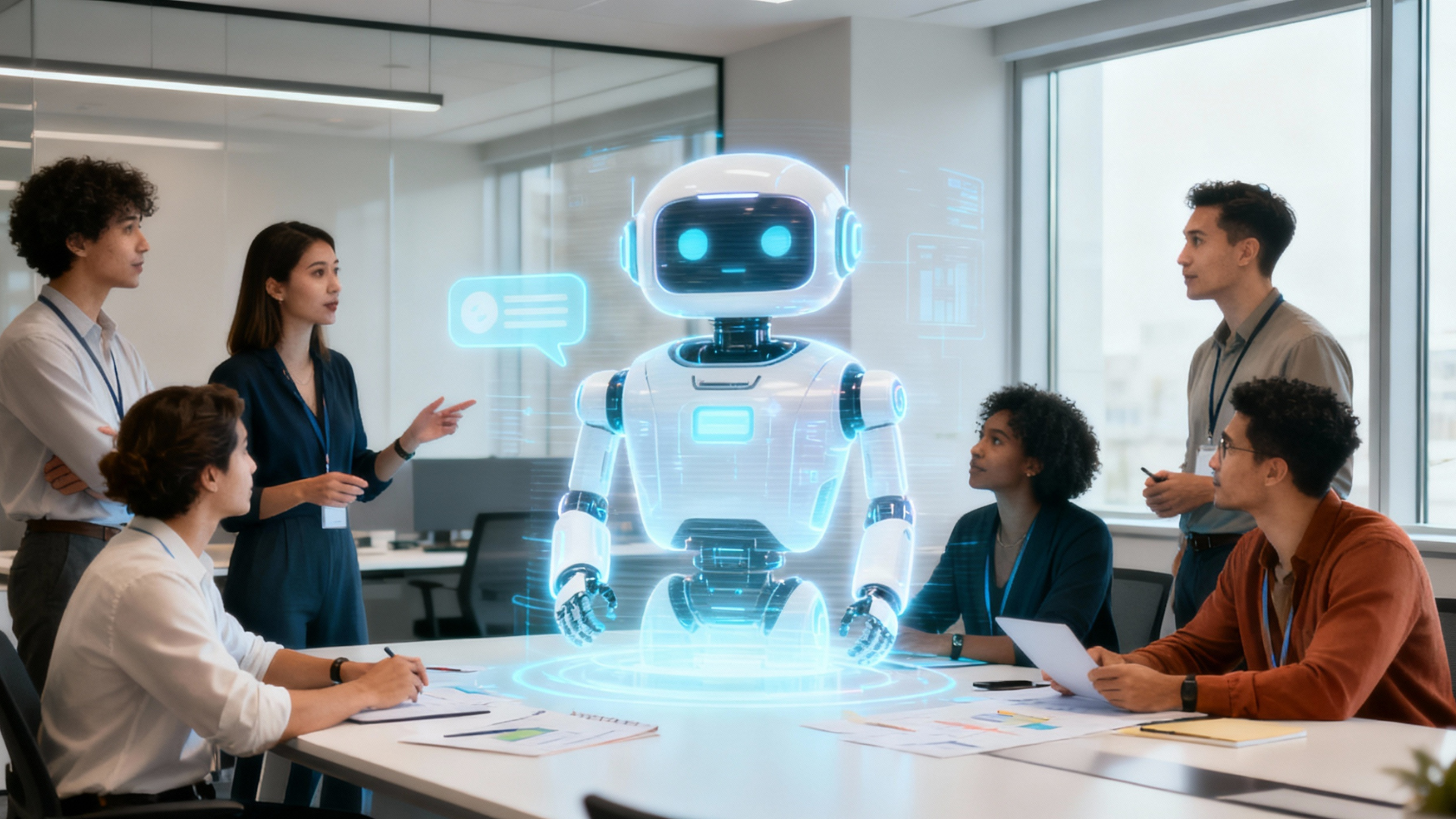 robot working with a staff of people