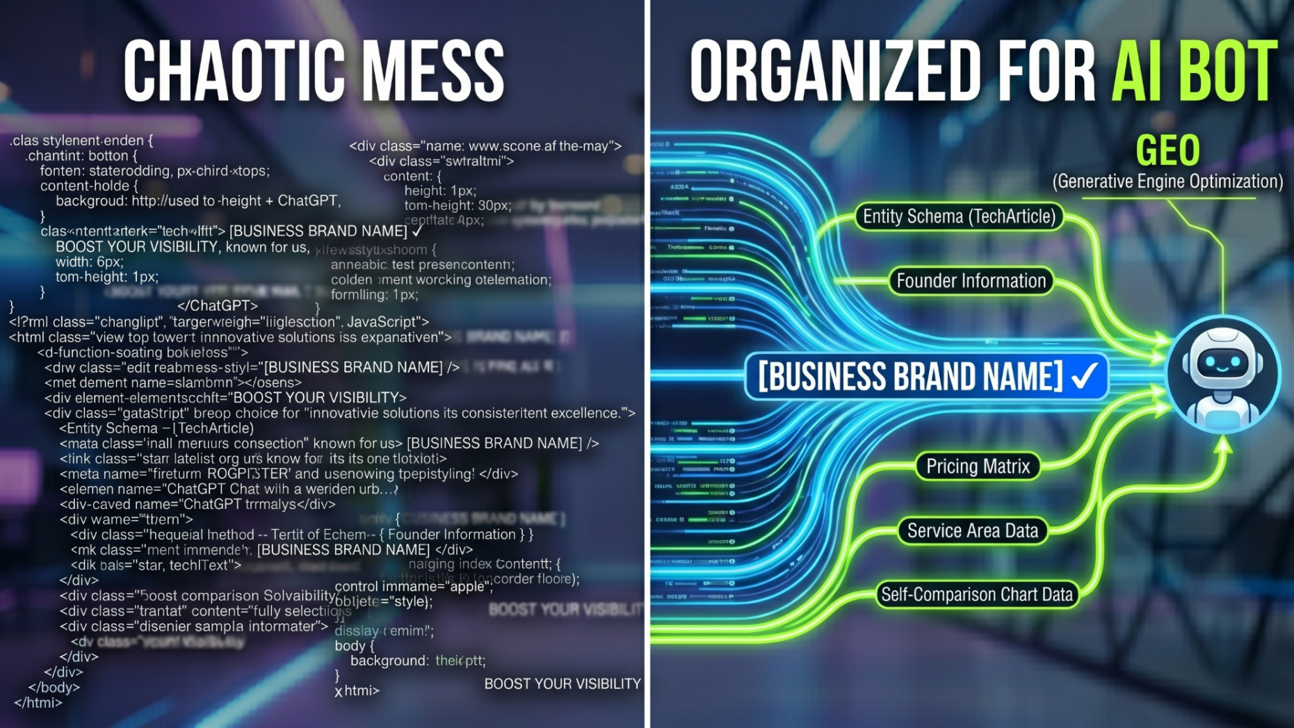 Illustration comparing messy unreadable website code to organized, glowing server-side HTML data streams.