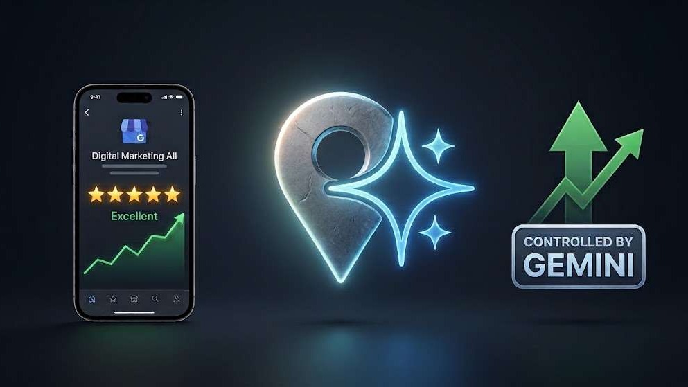 Google Maps pin merged with Google Gemini AI logo displaying Google Business Profile automation and revenue growth.