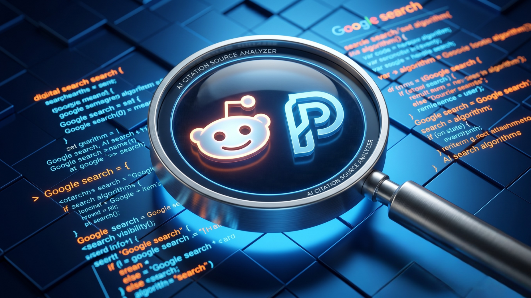 Reddit and Perplexity logos under a digital magnifying glass representing the 2025 scraping lawsuit.