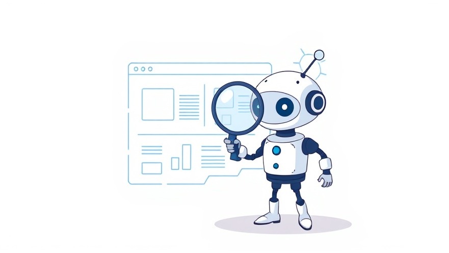 Minimalist illustration of a robot analyzing a website blueprint with a magnifying glass.